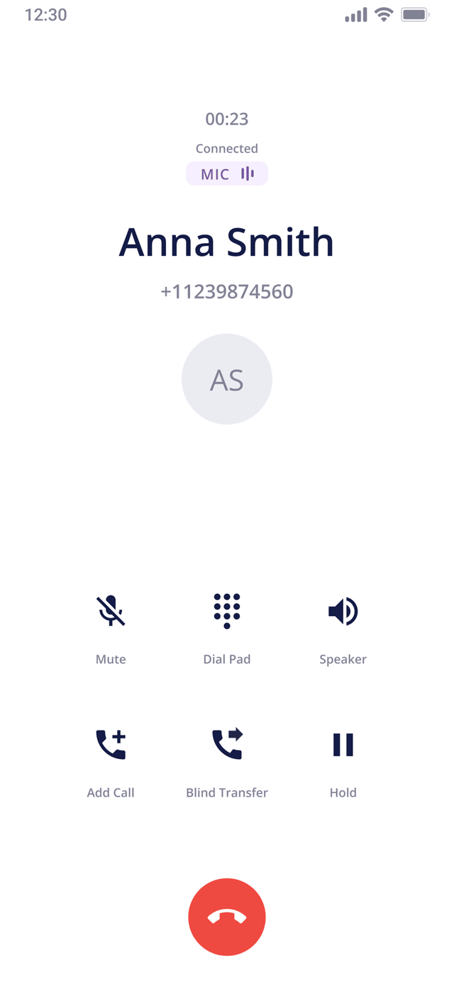 Mobile product view showing an active customer call and in-call controls.